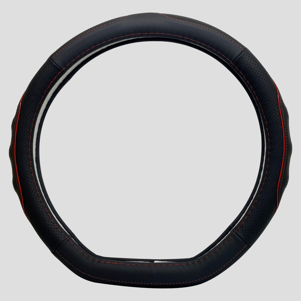 Fekete bőr kormányvédő "D" Típusú 36-38 cm átmérővel piros betéttel - Image 2